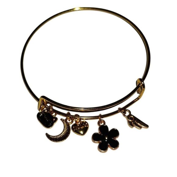 Black and Gold Cat Charm Adjustable Bangle Bracelet - Picture 1 of 4